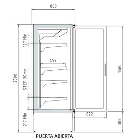 Esquema medidas vitrina mural de refrigeración puerta abierta